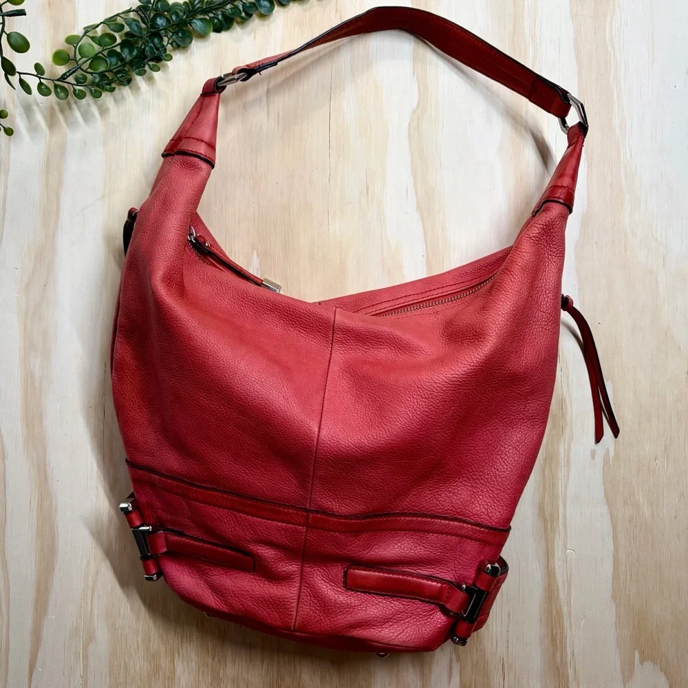 B. Makowsky Coral Red Pebbled Leather Hobo Shoulder Bag Slouch Purse